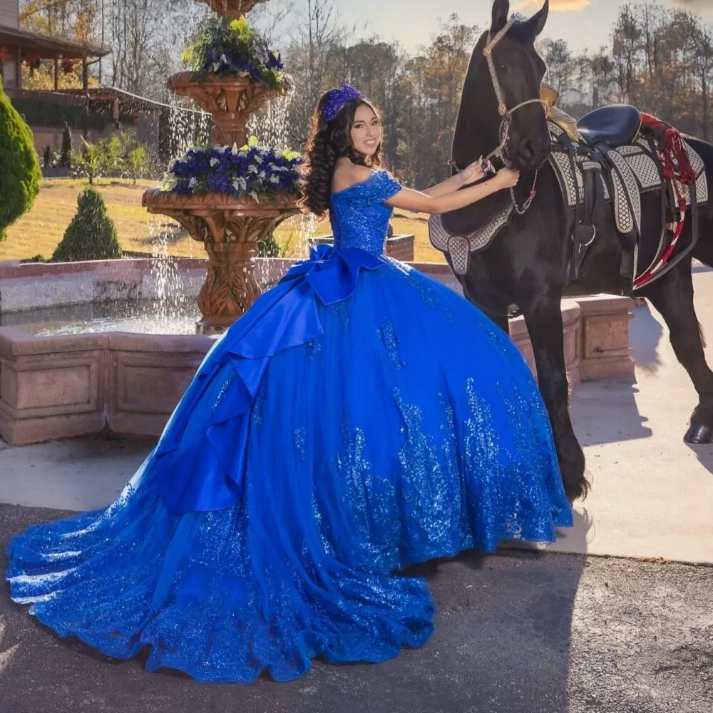 Royal Blue Princess Quinceanera Dresses Glitter Sequins Lace Appliques Off Shoulder Party Prom Ball Gown With Bow Back Chic Sweet 15 16 Dress
