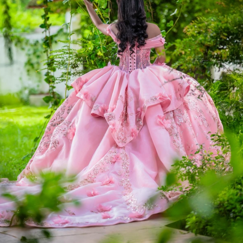 Pink Shiny Quinceanera Dresses Ball Gown Off The Shoulder Sequin Applique Flower Beads Tull Corset Party Birthday Sweet 16 Dress Vestidos 15 Anos