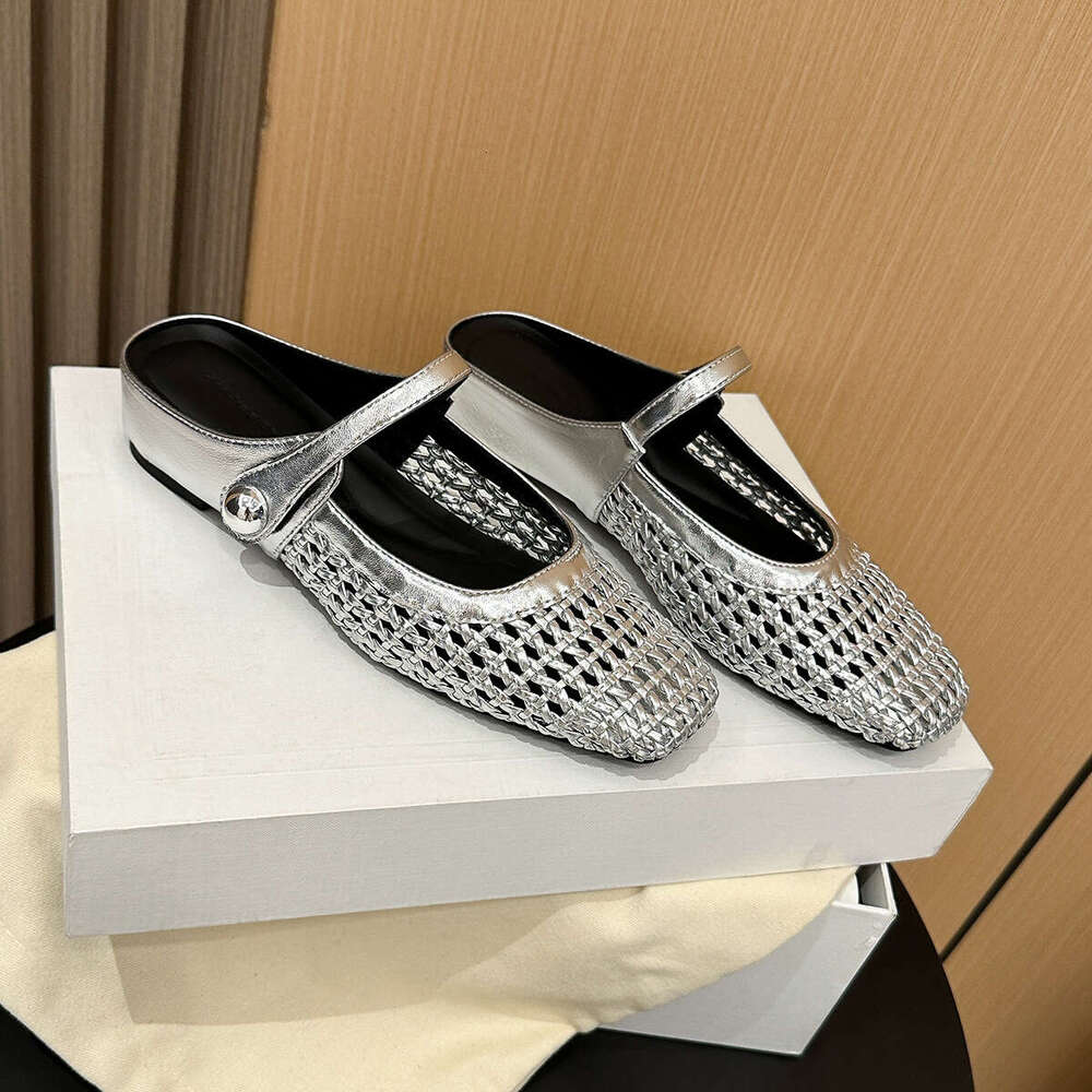 796-19 Square Toe Woven Hollow Breathable Hidden Heel Backless Single for Women Spring Summer One Strap Casual Flat Shoes