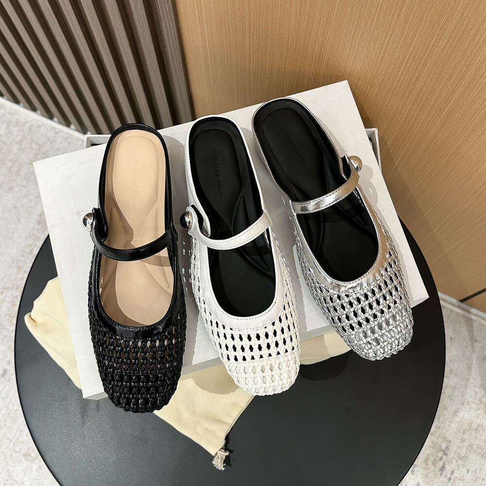 796-19 Square Toe Woven Hollow Breathable Hidden Heel Backless Single for Women Spring Summer One Strap Casual Flat Shoes