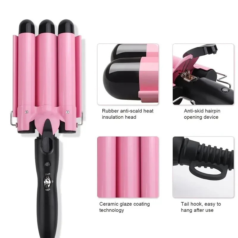 Hair Curling Iron with 3 Barrel Hair Curler Two-level Temperature Control Pink Egg Roll Hair Waver for Women Beach Waves 250712