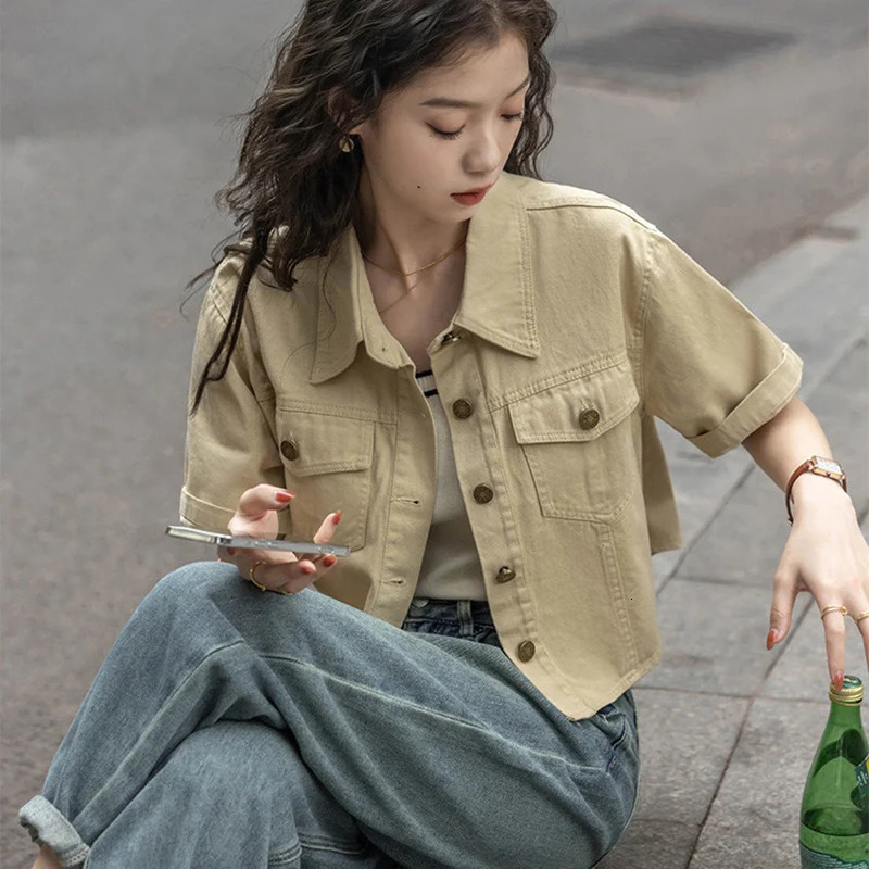 Vintage Khaki Denim Shirt Women 2025 High Street Short Sleeve Cropped Summer Streetwear Y2K Cargo Jacket Female 250704