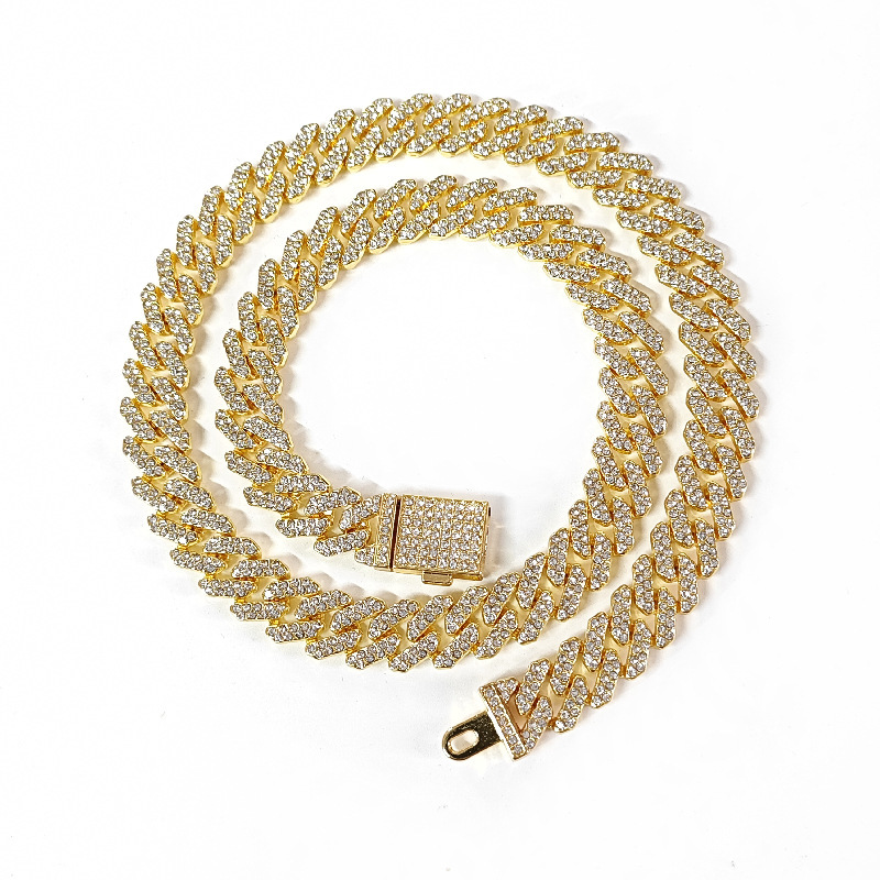 Luxury Jewelry Designer Jewelry New European And American Hip Hop Trend 12mm Bar Shape Small Flip Chain Full Diamond Necklace Large Gold Chain