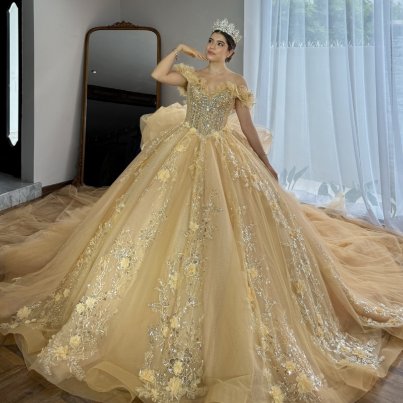 Yellow Quinceanera Dresses Ball Gown Off The Shoulder Applique Flower Beads Tull Corset Party Birthday Sweet 16 Dress Vestidos 15 Anos