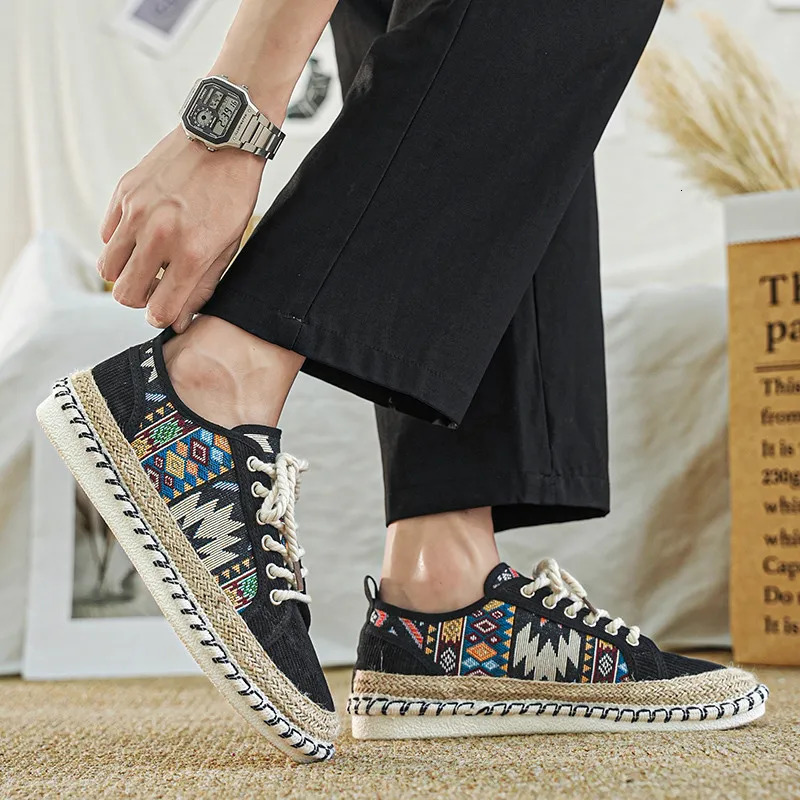 Ethnic Print Mens Fisherman Shoes Comfortable Breathable Men Canvas Shoes Lace-Up Flat Casual Shoes For Men Espadrilles Hommes 250712