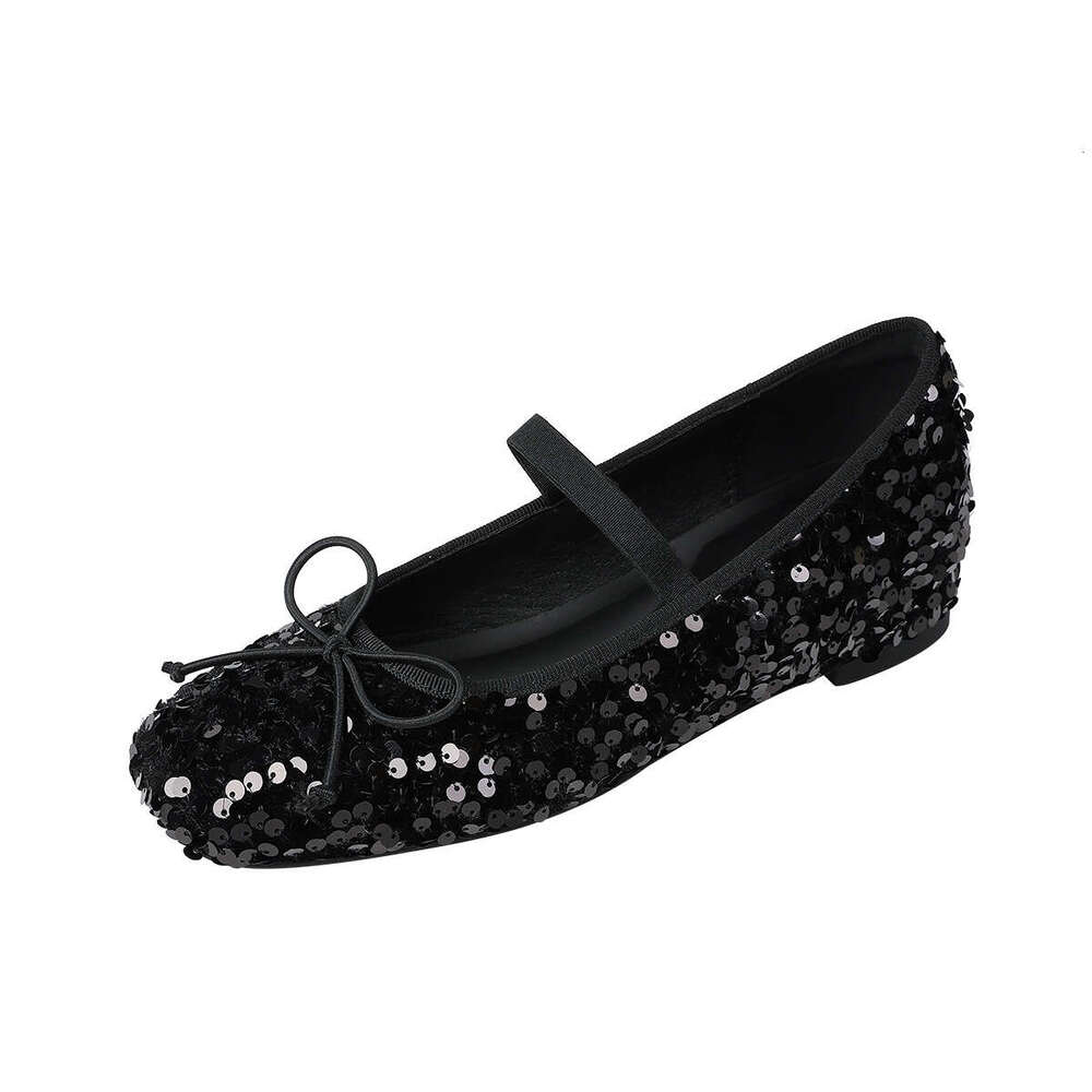 796-6 French Style Flat Square Toe New Black Elegant Bow Sequin Hidden Heel Women's Shoes