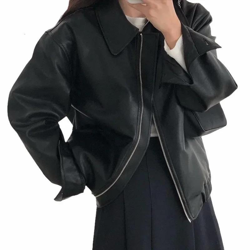 Stylish Lapelzip-Up Loose-Fit Casual Korean Chic Autumn Long Sleeve Leather Jacket For Women Unique Motorcycle Jacket 250708