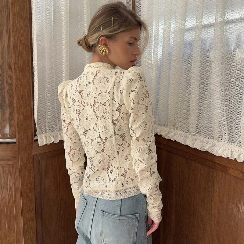 Tornova Lace Hook Flower Womens Shirt Fashion Commuting Long Sleeve Cardigan Top Retro Slim Stand Collar Lady Blouses 250712 - view 5
