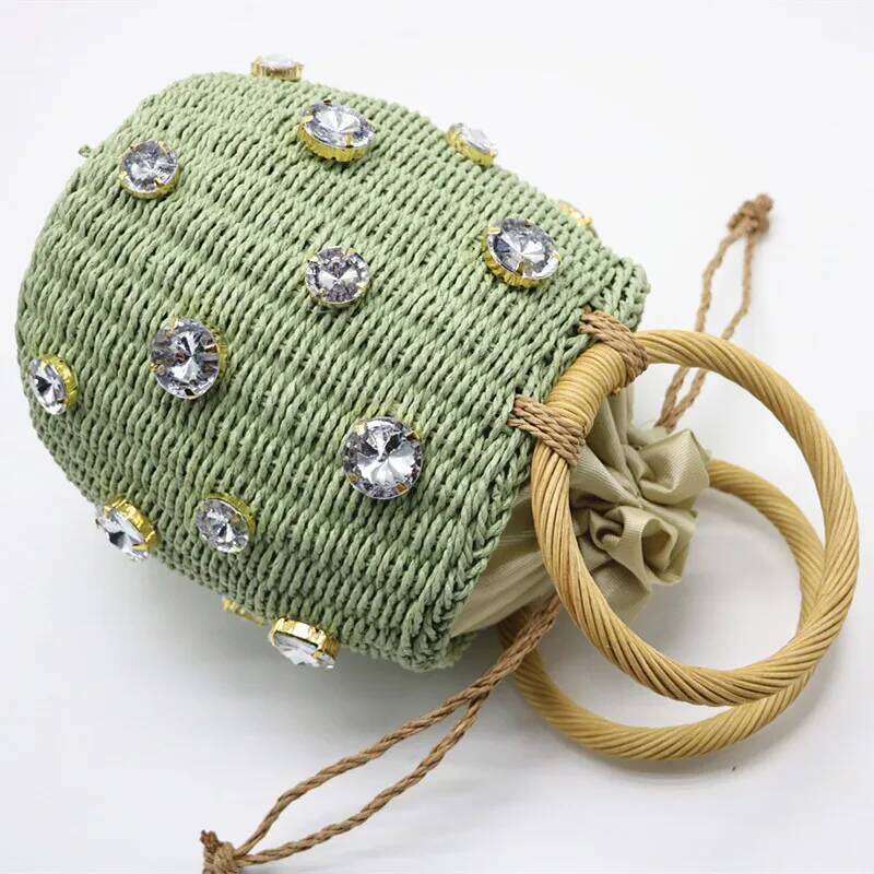 Summer Round Rattan Handmade dia Pearl Bohemian Leisure Straw Bucket Knitting Shoulder Crossbody Beads Beach Bag