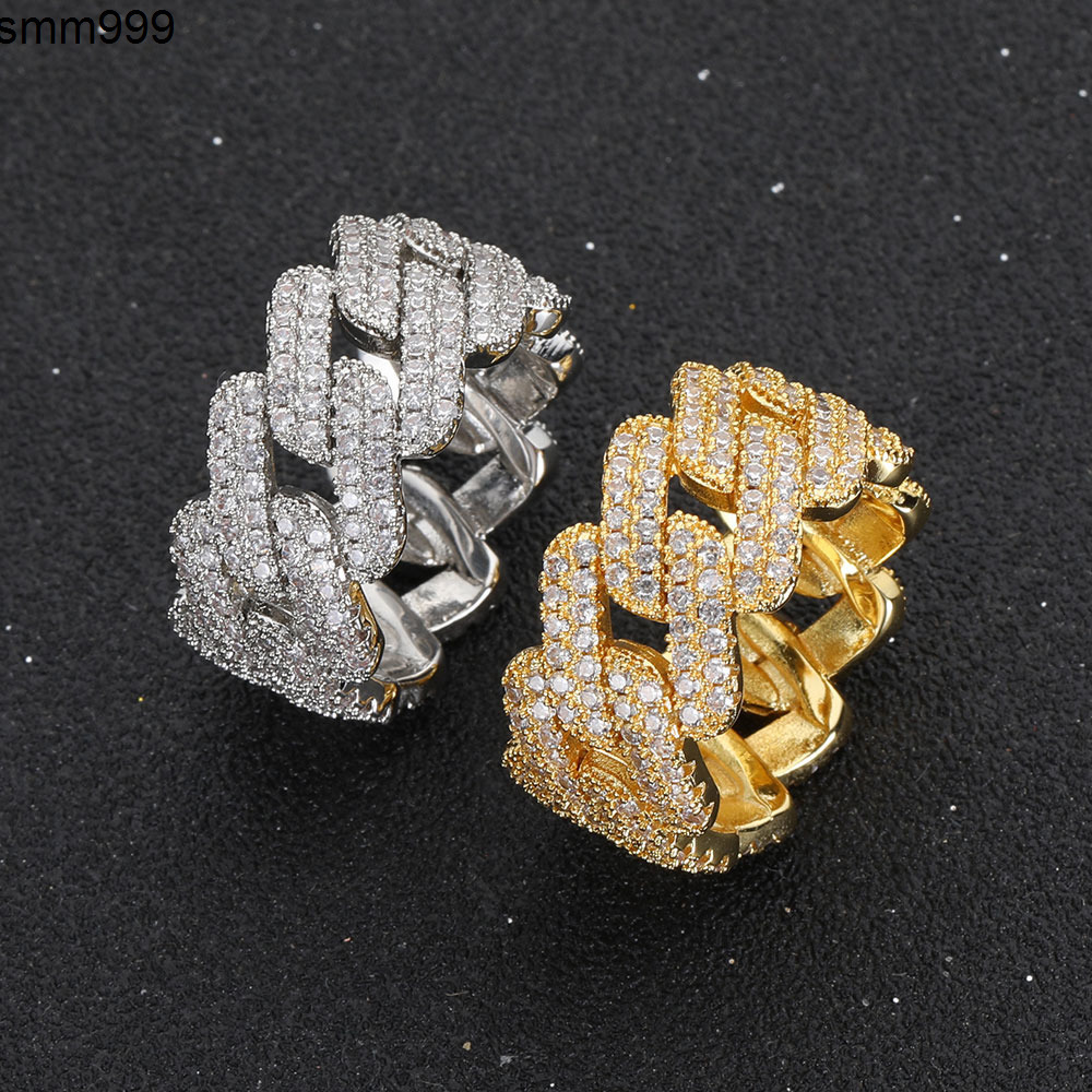 Trendy Hip Hop Men Gold Diamond Ring Gold Plated Bling Cubic Zircon Iced Out Cuban Chain Rings