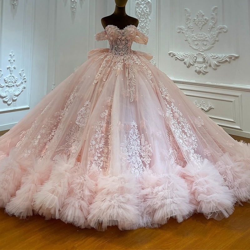 Pink Quinceanera Dresses Ball Gown Off The Shoulder Applique Flower Beading Bow Tiered Tull Corset Party Birthday Sweet 16 Dress Vestidos 15 Anos