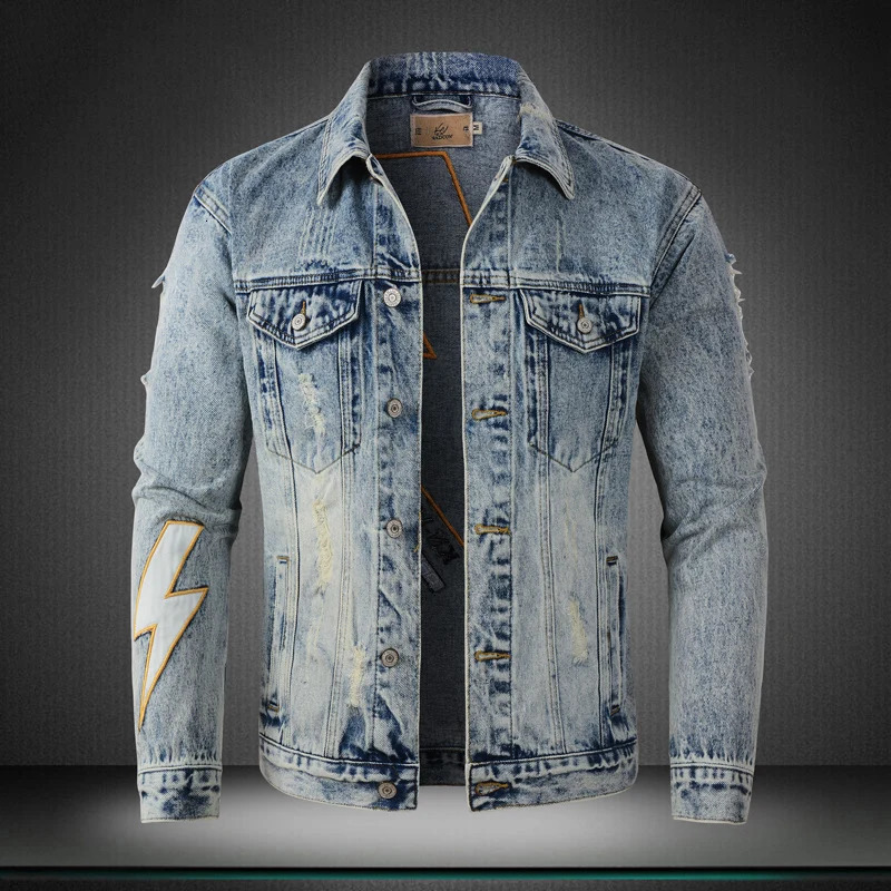 Street er Fashion Men Jacket Retro Blue Flash Embroidery Patched Ripped Denim Jacket Men Coat Y2K Hip Hop Chaquetas Hombre 250710