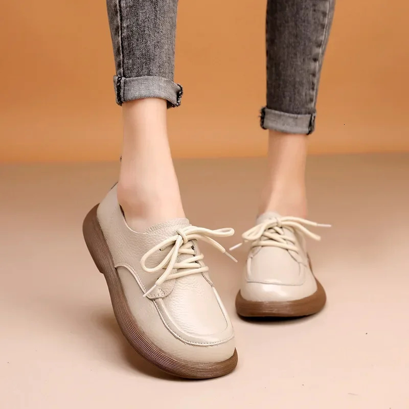 Spring Women Shoes Genuine Leather Retro Fashion Loafers Soft Bottom British Comfortable Lace Up Anti Slip Casual Shoes 2025 250707
