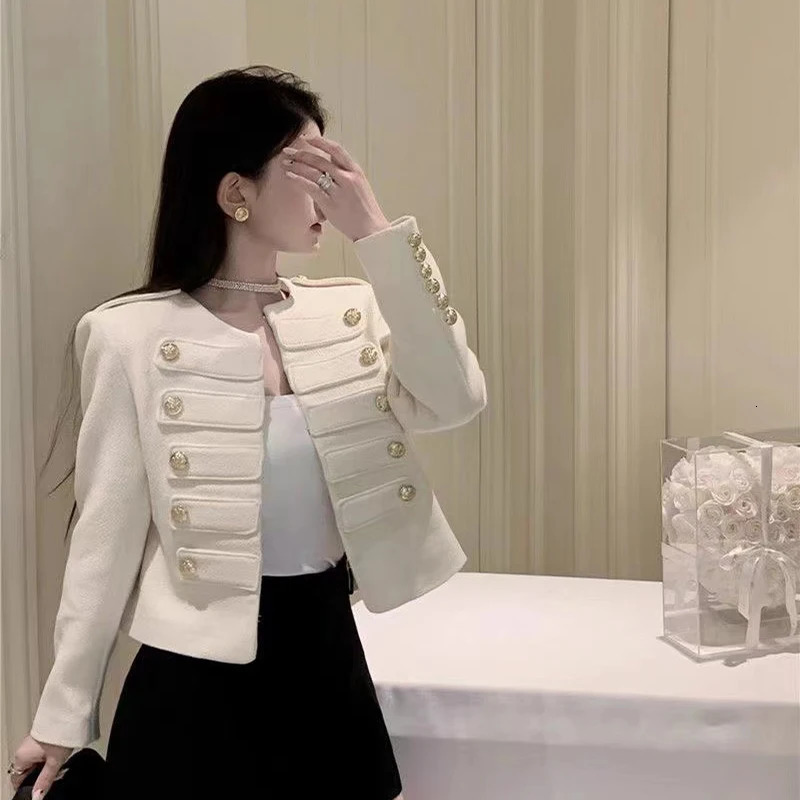 Korean Fashio Small Fragrance Autumn Coat Women High Quality Vintage Double Breasted O-neck Short Tweed Jacket n 250709