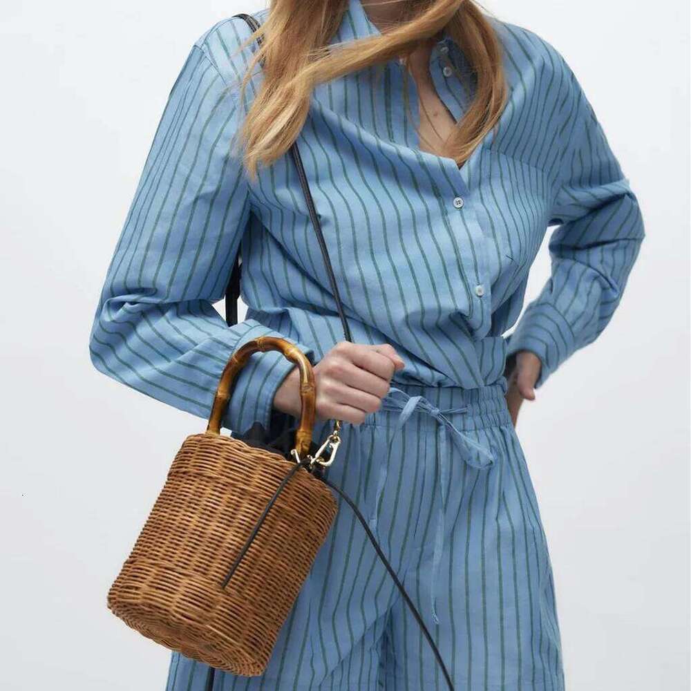 New Women's Bohemian Crossbody Bag Drawstring Straw Woven Bucket Bags Female Rattan Wicker Bamboo Handle Beach Handbags