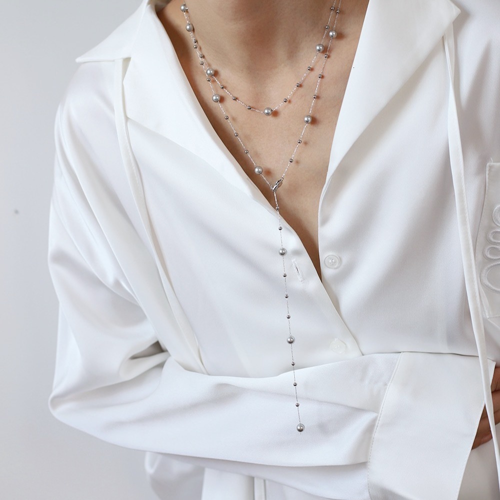 Luxury Jewelry Designer Jewelry XL563 Interstellar Gray Niche Sweater Chain Handmade Necklace Glass Pearl Imitation Multi-ma Silver Gray Pearl Titaniu