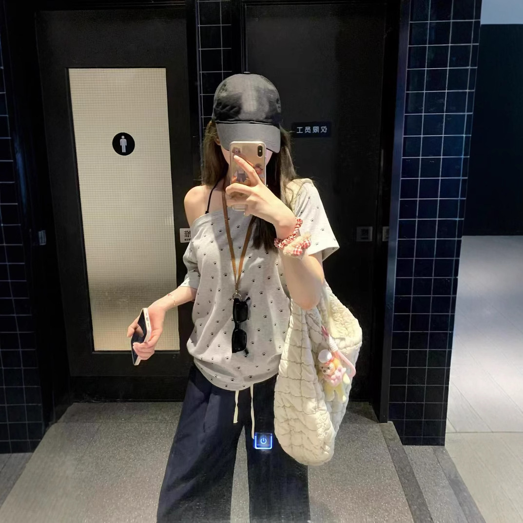New Women's Top with Spicy Girl Off Shoulder Short Sleeve Women's T-shirt Summer New Printed Style Top New Designer T-shirt