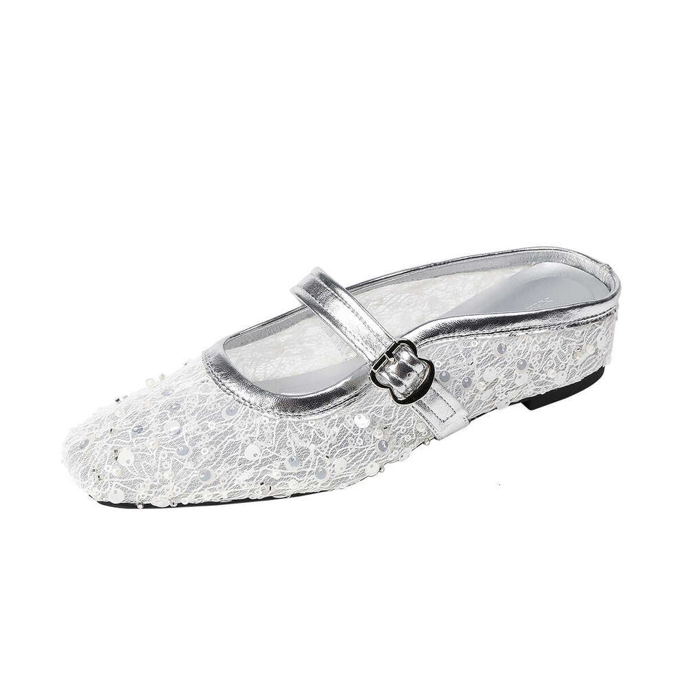 796-18 French Mesh Lace Square Toe Backless New Small Style Flat Single Hidden Wedge Women's Shoes