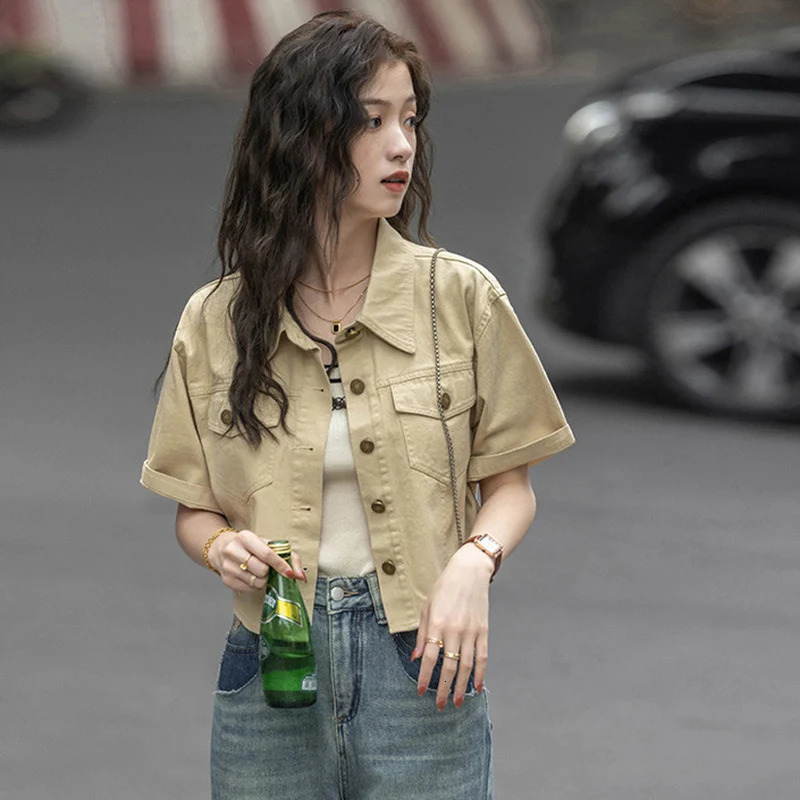 Vintage Khaki Denim Shirt Women 2025 High Street Short Sleeve Cropped Summer Streetwear Y2K Cargo Jacket Female 250704