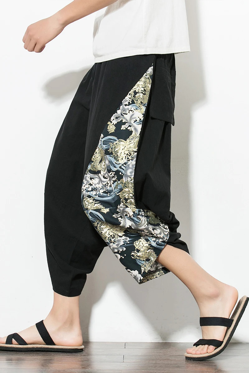 Drop Men Harajuku Harem Pants Summer Cotton Joggers Calf-Length Pants Male Vintage Chinese Style Print Trousers 250708