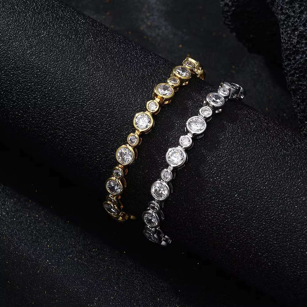 Hip Hop Women Jewelry Iced Out Gold Plated Diamond Tennis Link Chain Bracelet Set Round Cut Cubic Zirconia Bezel Tennis Necklace
