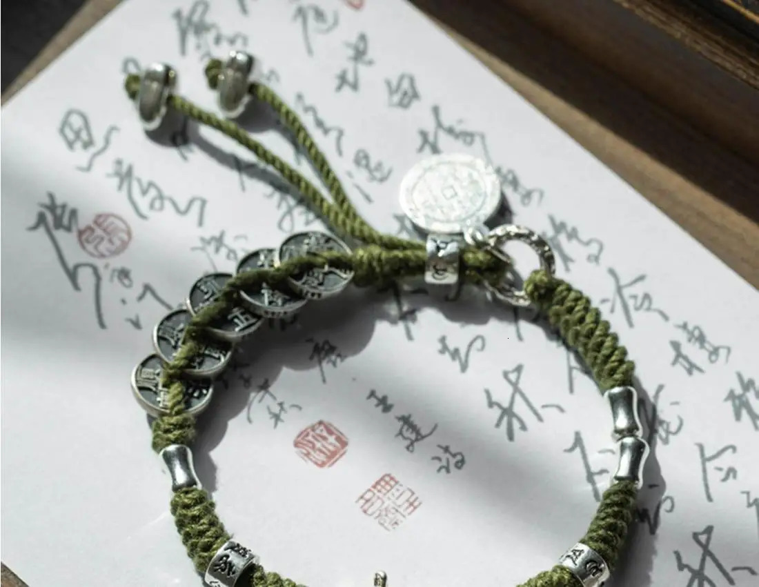 S925 Sterling Silver Five Emperors Money Full Hand Woven Hand Rope Bagua Koi Chinese Style National Bracelet Accessories 250712