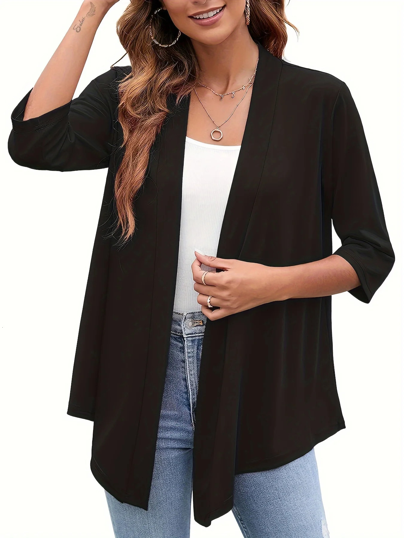 Plus Size Womens Lightweight Open Front Cardigan - Casual 3/4 Sleeve Soft Drape Versatile Fashion Open Front 250710