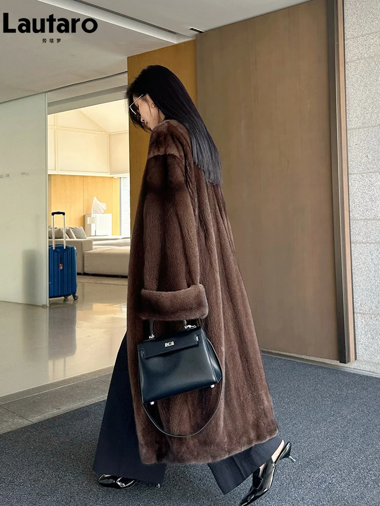 Lautaro Autumn Winter Long Elegant Chic Soft Thick Warm Brown Hairy Faux Mink Fur Coat Women V Neck Fluffy Overcoat 250708