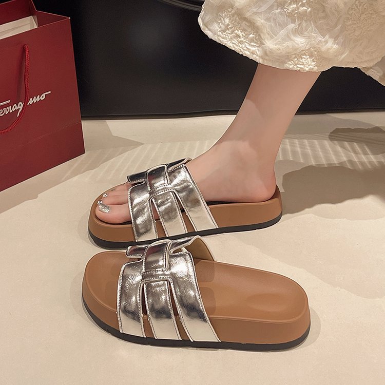 Women's 2025 Summer Soft - soled Thick - soled and Stylish Beach Sandals for Outdoor Wear French - style Round - toed Braided Slide Sandals for W