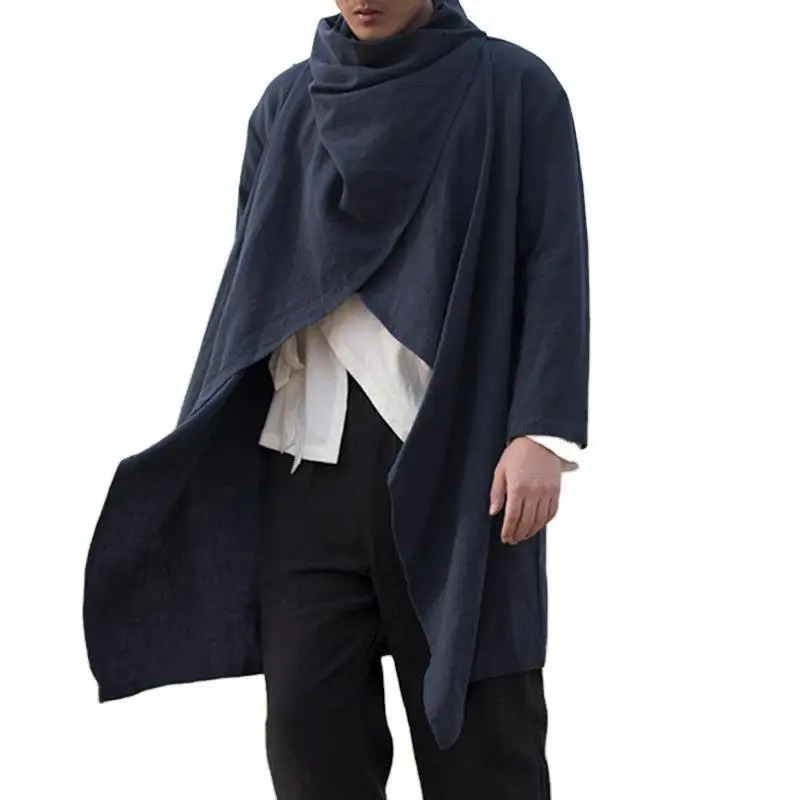 Mens Cotton and Linen Trench Cape Long Irregular Cape Autumn and Winter Long Sleeved Coat Men 250708