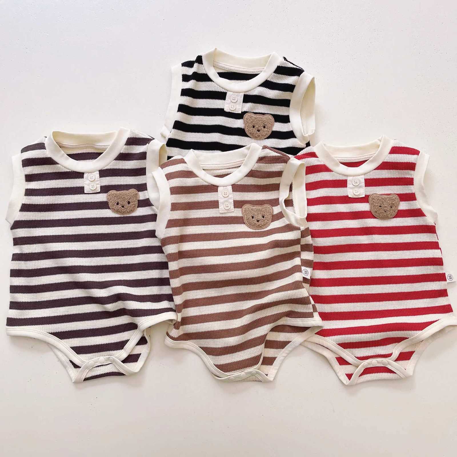 Baby Boy Girl Striped Bear Romper Ribbed Sleeveless Bodysuit Jumpsuit Infant Knitted Outfits Clothes Z250712