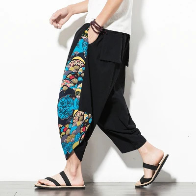Drop Men Harajuku Harem Pants Summer Cotton Joggers Calf-Length Pants Male Vintage Chinese Style Print Trousers 250708