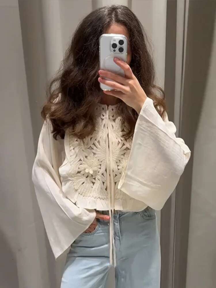 Y2k White Floral Embroidery Skirts For Women Patchwork Long Flare Sleeves Blouse Mini Skirt 2 Pieces Sets Lady Beach Outfit