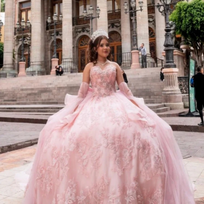 Pink Quinceanera Dresses Off the Shoulder Lace Applique Beading Layering Long tail 3D Flower Bow Vestido 15 De Anos Sweet 16 Dress