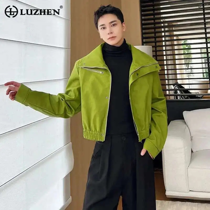 LUZHEN Trendy Personality Stand Collar Faux Leather Jacket Mens Street Outerwear Short Casual Clothes Versatile Handsome LZ7830 250708