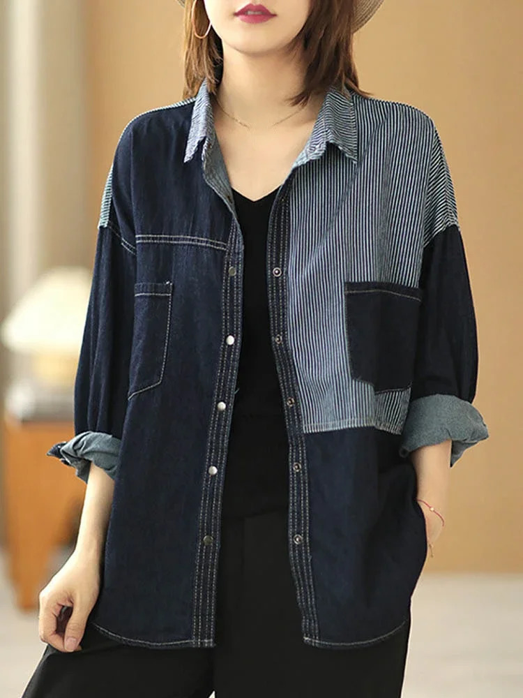 Amax luluE Korean Spring Womens Fashion Striped Denim Shirts Ladies Classic Casual Loose Blouses Vintage Patchwork Tops 250704