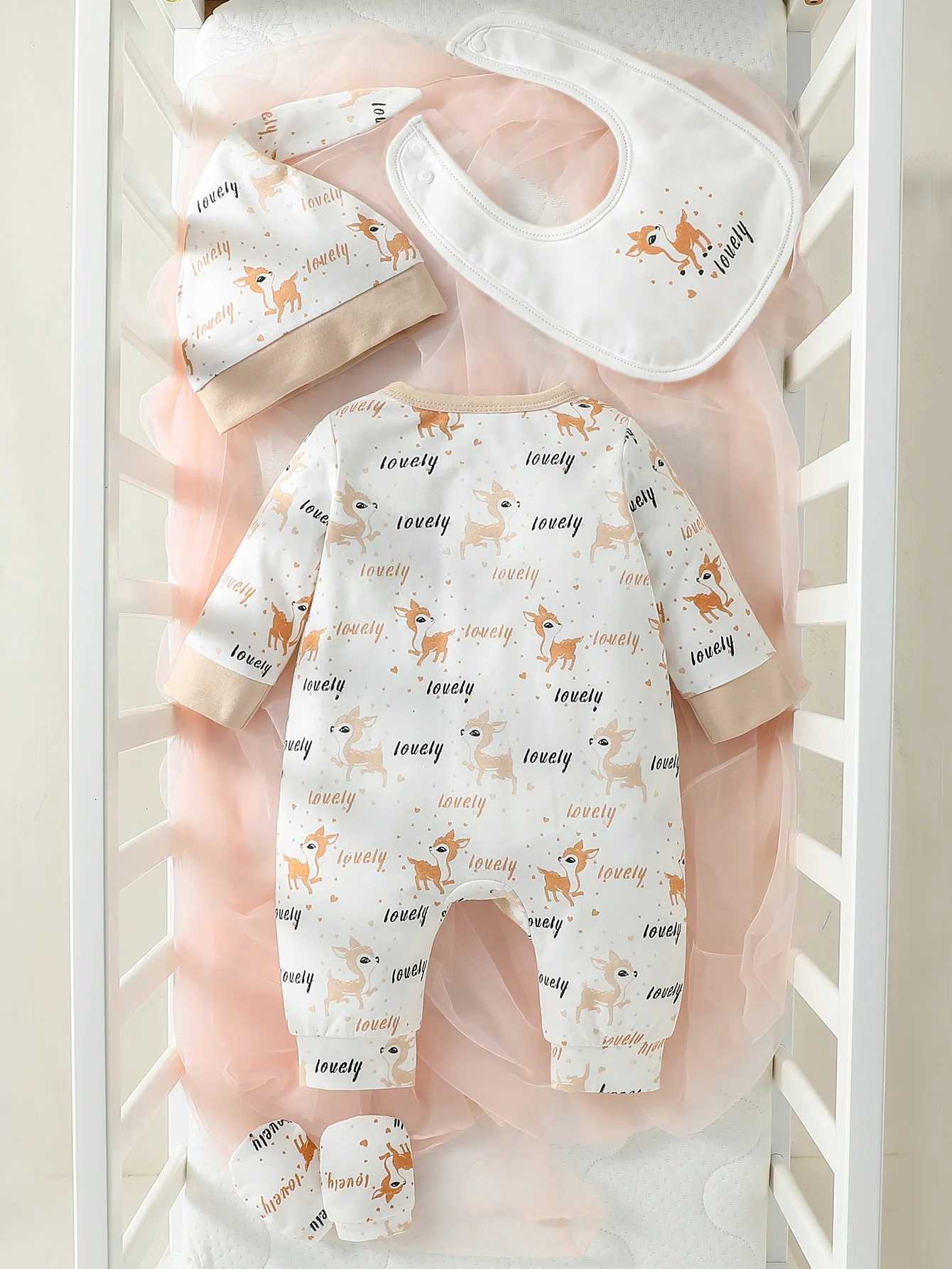 4Pcs Baby Girls Long Sleeve All Seasons Deer Open Stitch Pastoral Jumpsuit+Bib+Gloves+Hat Z250712