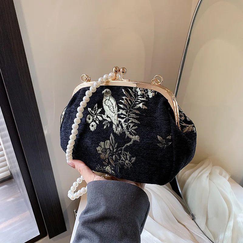 Retro Fashion Chinese Style Print Small Purses Clutch Vintage Black White Seashell Shoulder Bag For Women Party Pearl Handbag