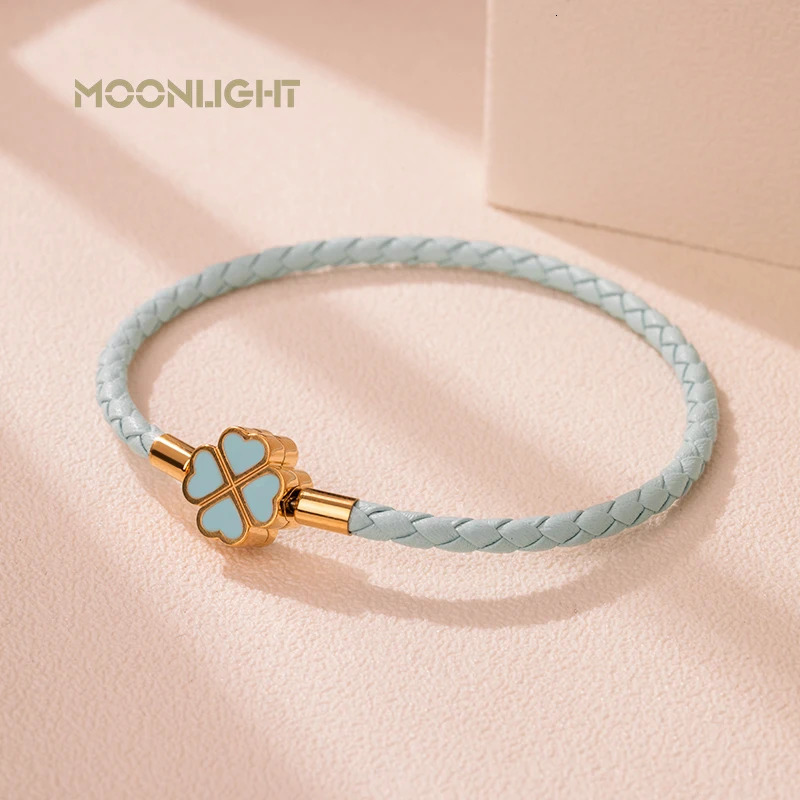 Green Four-Leaf Clover Lucky Bracelet For Women Genuine Braided Leather Bracelet 9 Colors Birthday Party Jewelry ChiristmasGifts 250712