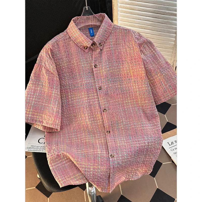 Short Sleeve Shirt Men Japanese Retro Summer Casual Loose Solid Plaid Coats Versatile Seersucker Ice Silk Tops 250707