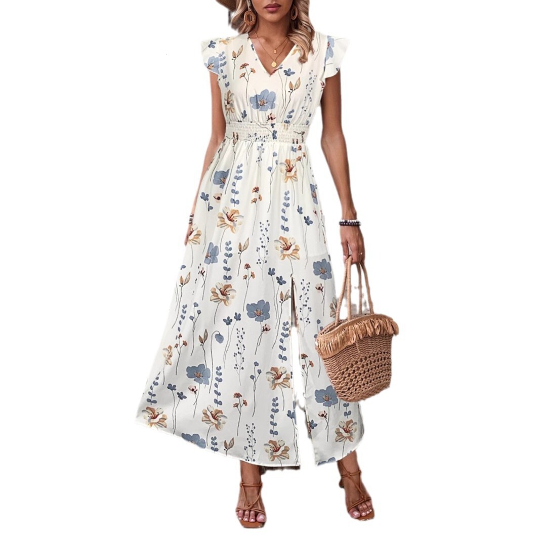 2025 Summer new women's skirt pleated V-neck long skirt new high waisted printed long skirt new luxury designer women's skirt new leg slit w