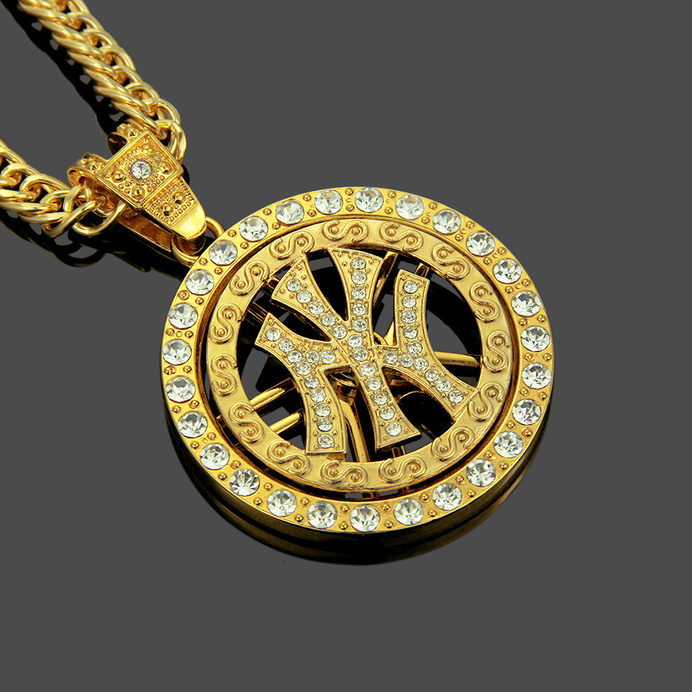Luxury Jewelry Designer Jewelry European And American Style Personality Round Symbol Logo Gold Inlaid Diamond Necklace Men's Long Hip Hop Turntab
