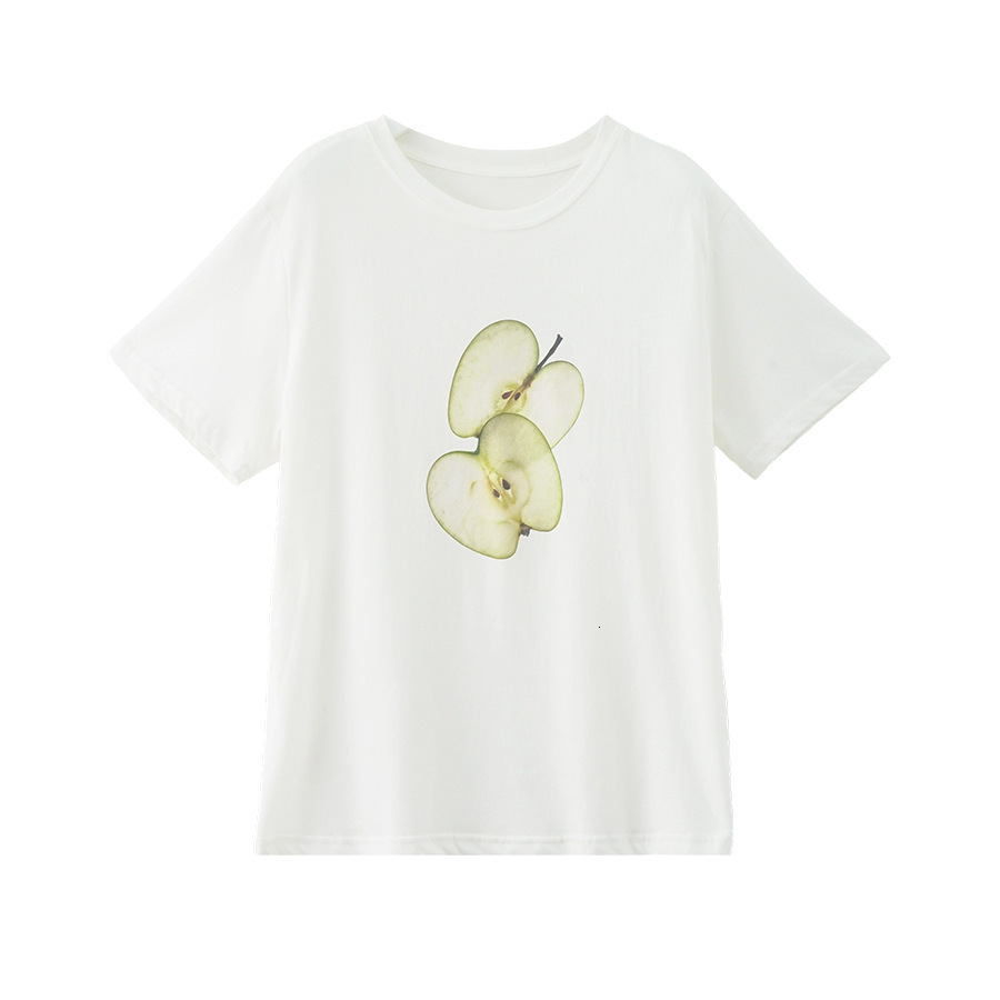 New Women's Top Yellow Zheng Korean Summer Fun Personality Short Sleeve T-shirt with Simple Apple Print Pattern and Off Shoulder Design shirt