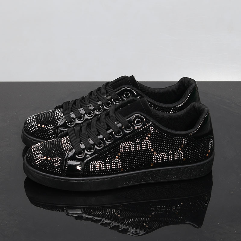 trendy diamond studded shiny casual shoes hip-hop versatile height increasing flat bottomed men's shoes soft soled breathable board shoes hot sal