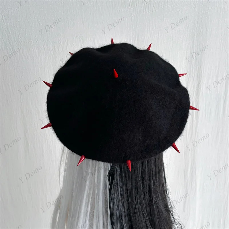 Y Demo Punk Rock Rivets Pu Splicing Womens Beret Hat Streetwear Woolen Sparks Adjustable Black Hats 250712