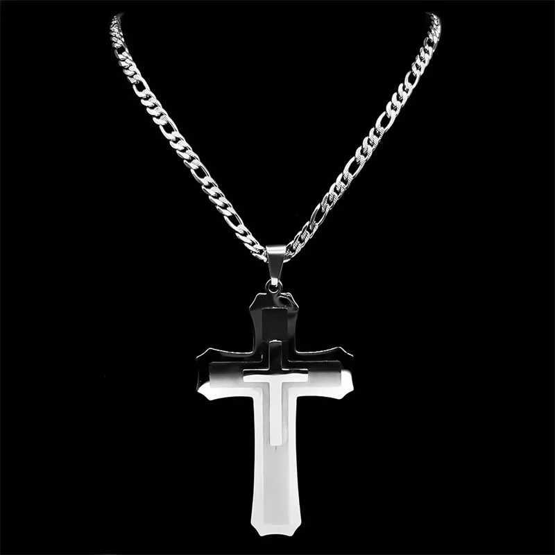 Big Jesus Cross Pendant Necklace for Men Stainless Steel Silver Color Link Figaro Chain Male Jewelry W250712