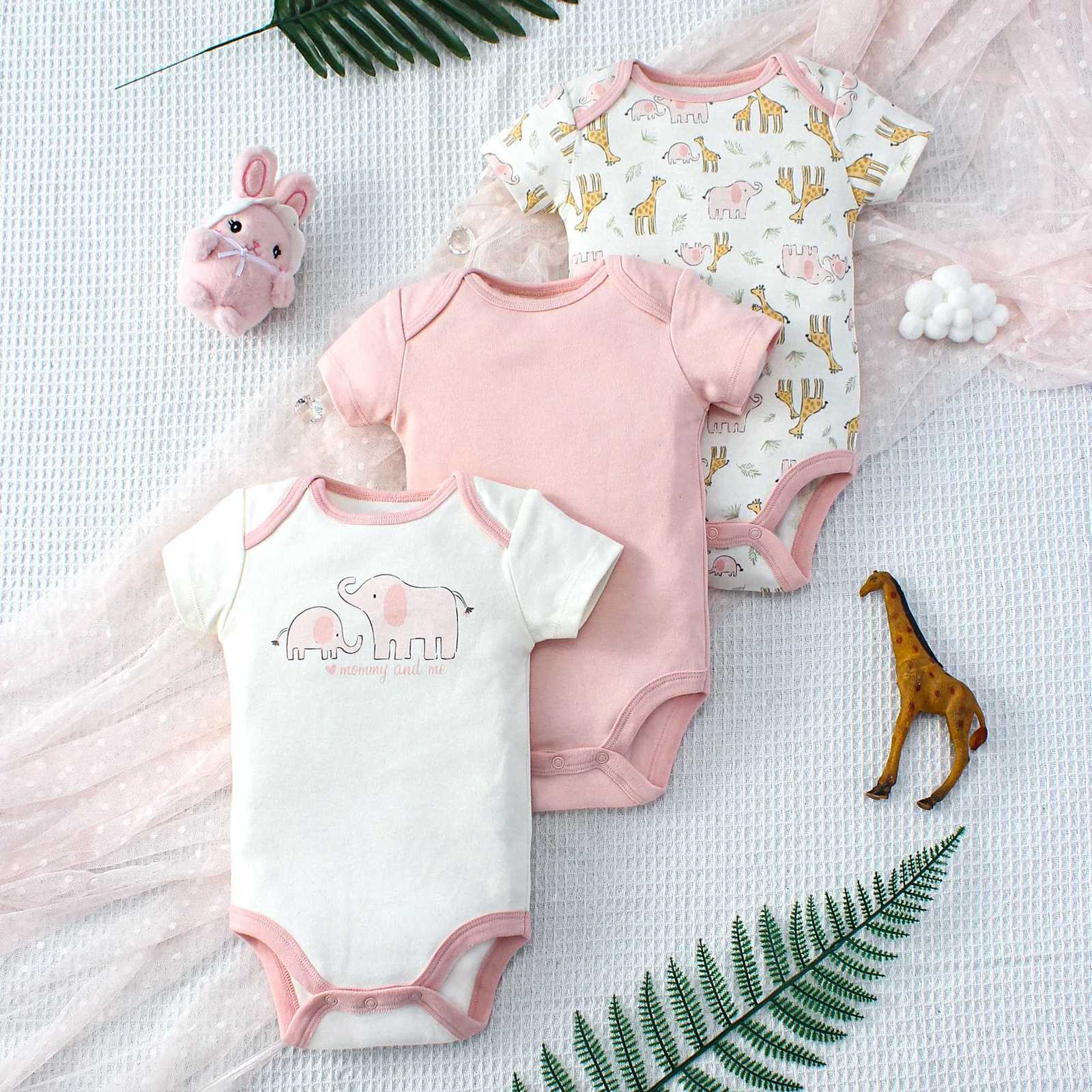 3PCS Summer Baby Girls Three Piece Bodysuit Animal Kingdom and Elephant Letter Pattern Short Sleeve Bodysuit Mothers Day Gif Z250712