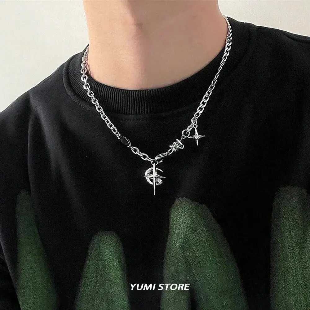 Hip Hop Moon Star Pendant Necklace For Men Wen Titanium Steel Spld Sweater Chain Kpop Unisex Jewelry Street Punk Accessories W250712