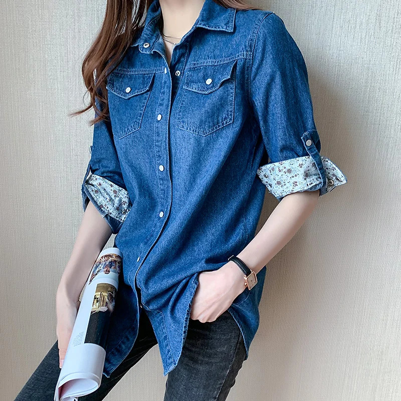 Womens Loose Denim Shirt with Long Sleeves Spring and Autumn Thin Top Mid To Length Jacket Outer 11968 250704