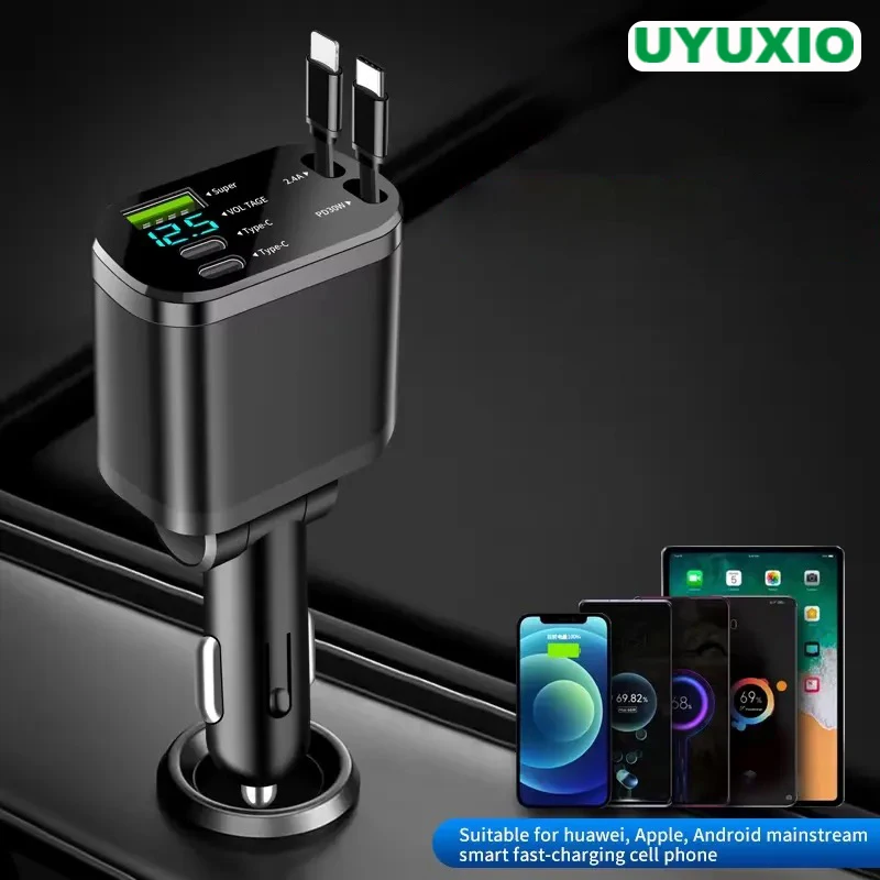 UYUXIO USB C Car Charger Adapter with Retractable Cable Voltage Display 66W Super Fast for iPhone 16 15 Pro Max 14 13 Samsung